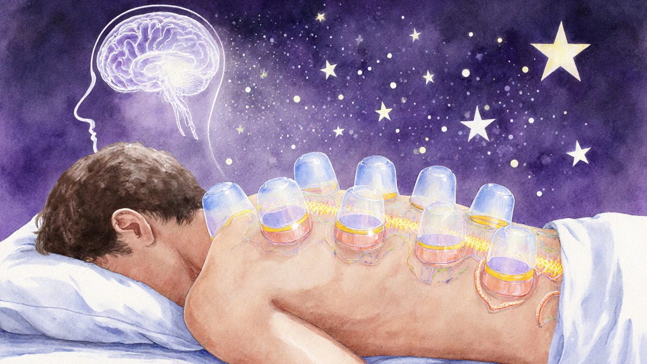 Ilustrace baňek na zádech, proud krve, endorfiny a melatonin napodobující noční oblohu.