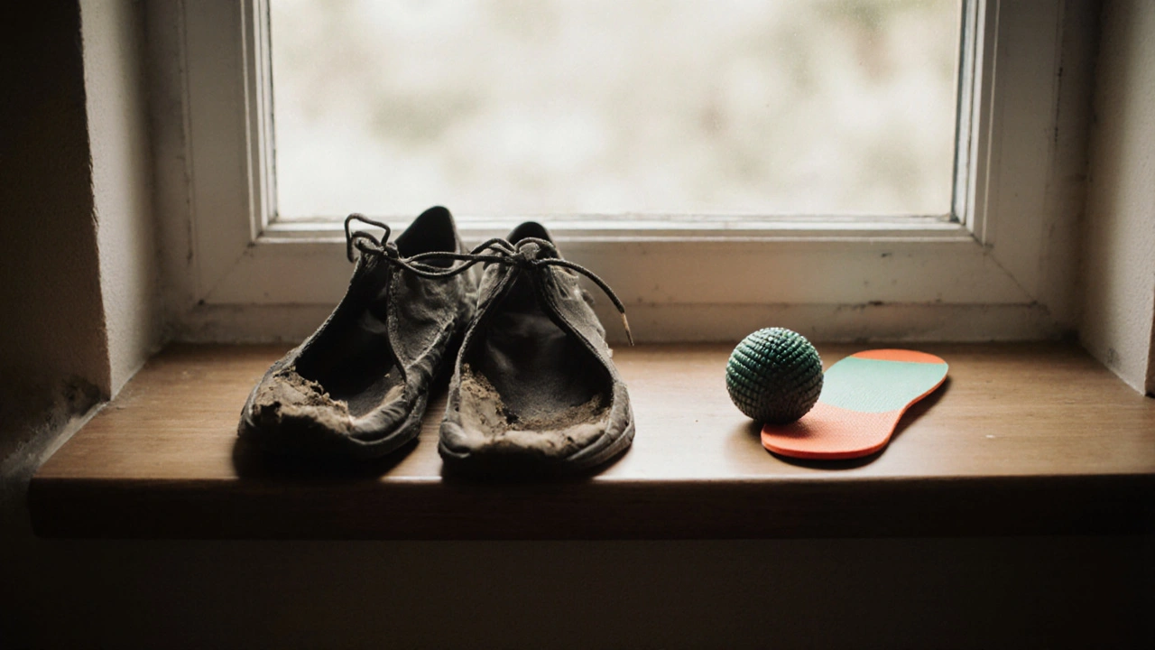 Opotřebované boty vedle podpěry pro klenbu a masážní míček na dřevěné polici.