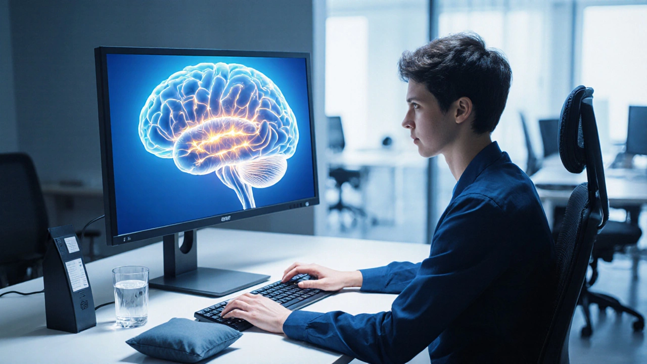 Osoba po masáži pracuje soustředěně; zářící mozek symbolizuje zvýšenou koncentraci.