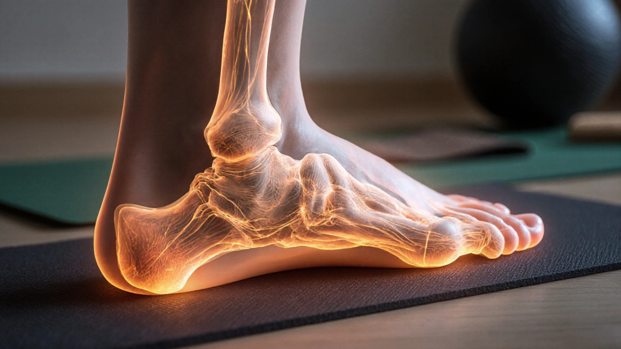 Přehled lidské nohy s viditelnými akupresurními body a kolapsovanou klenbou.