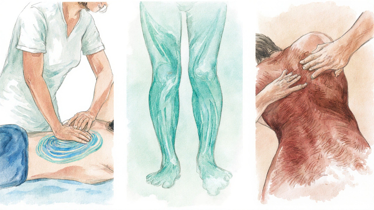 Různé poporodní masážní techniky – švédská, lymfatická a myofasciální – zobrazené ve stylizovaném rozdělení.