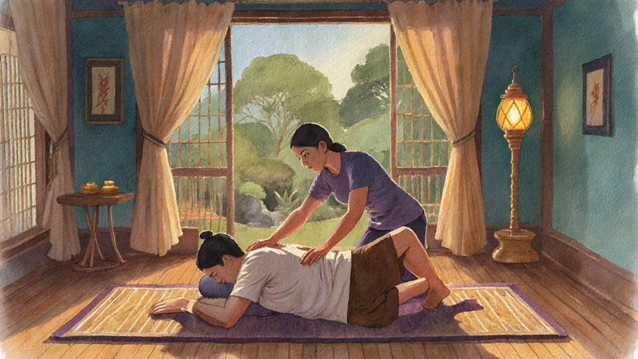 Thajský masér provádí protahování a tlakové body na klientovi v klidné studiu.