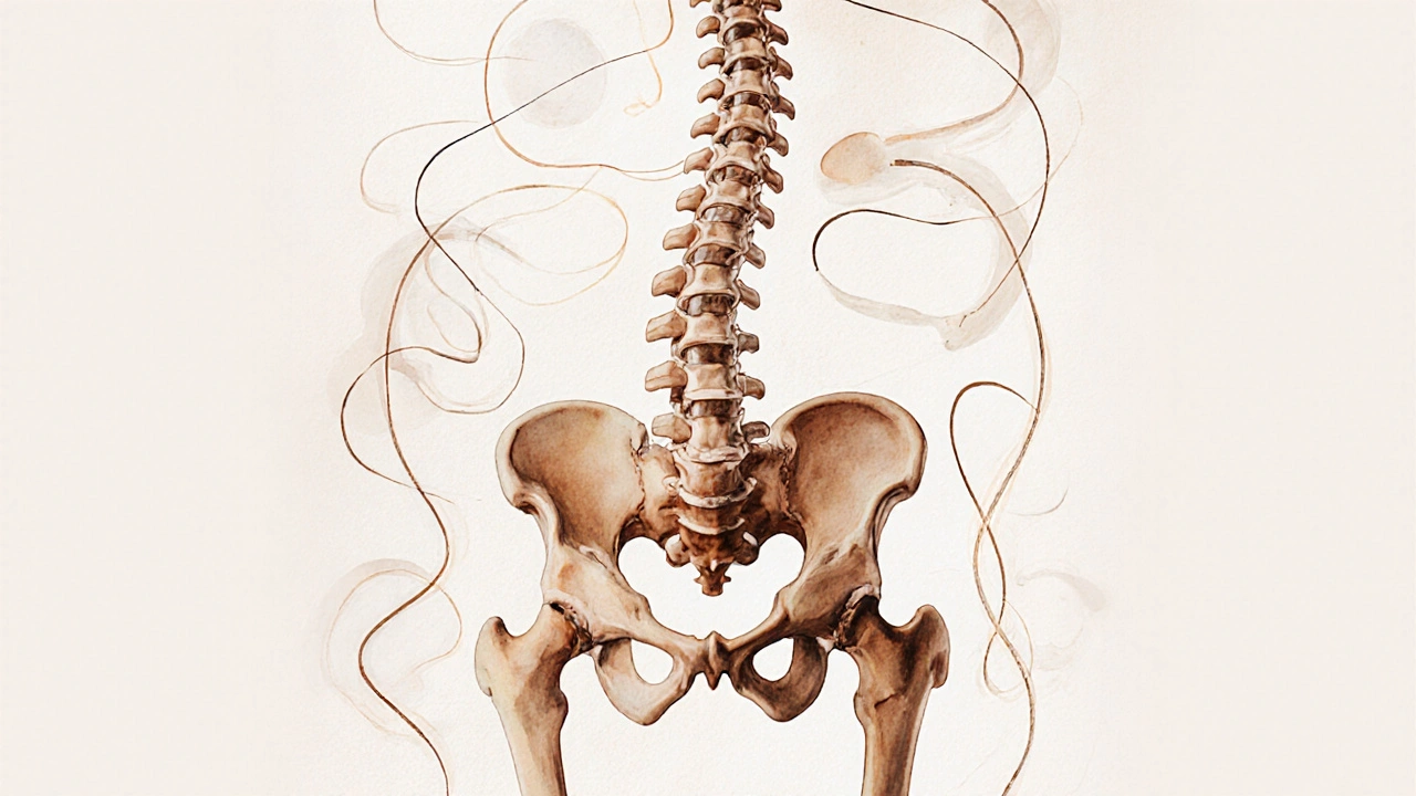Abstraktní znázornění správné a nesprávné polohy páteře a kyčlí v Dornově metodě.