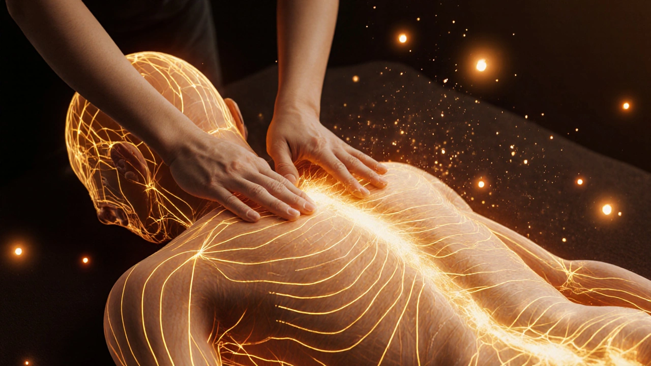 Abstraktní znázornění těla s vykreslenými zlatými energetickými linkami, po kterých masér aplikuje tlak.