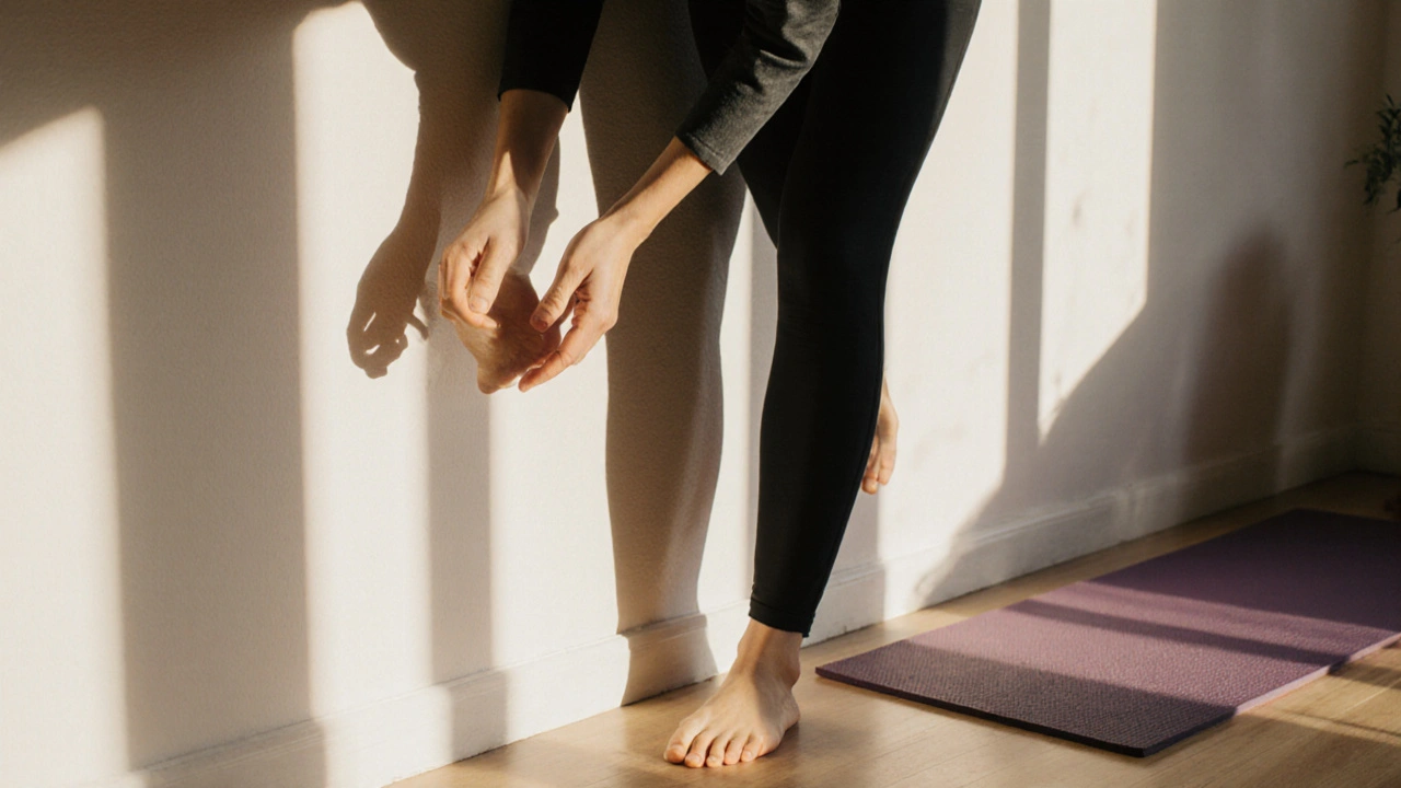 Člověk provádí domácí cvičení Dornovy metody s opřením o zeď.