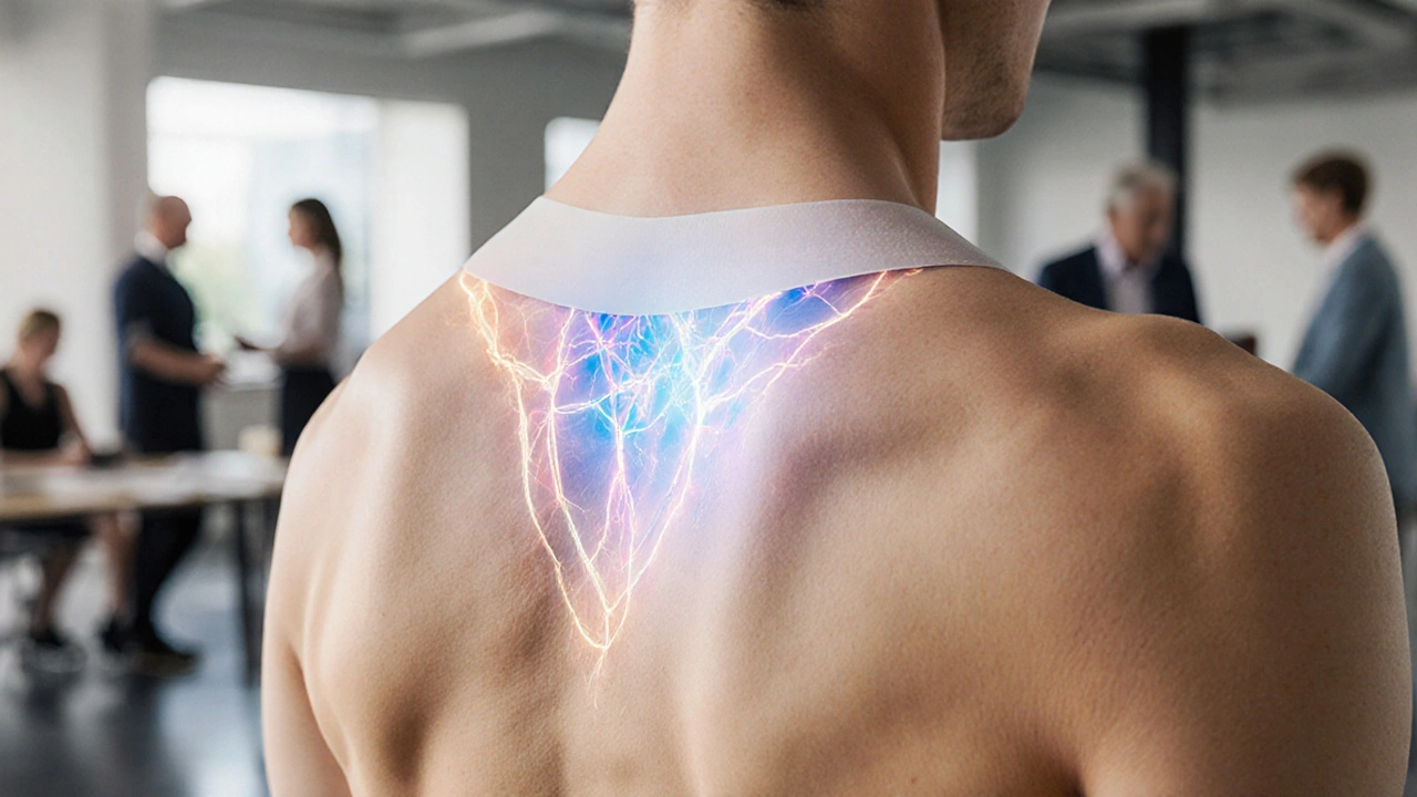 Detail kůže s tejpem ukazující zlepšený krevní oběh pod povrchem.