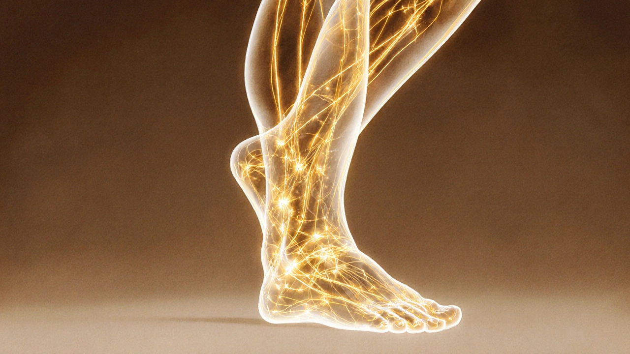 Glowing energetické linie sen se táhnou od nohou po tělo v stylu vědecké ilustrace.