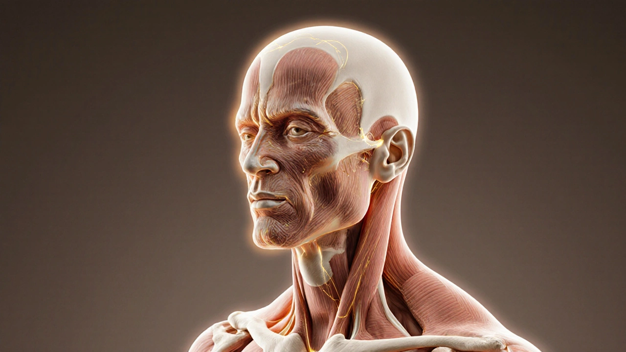 Ilustrace klíčových bodů masáže na krku, ramenách a čele spojených zlatými čarami.