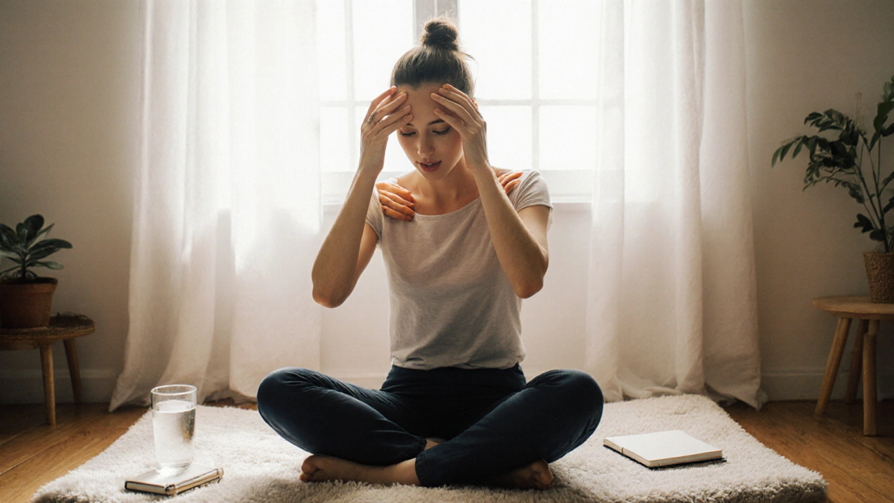 Osoba doma provádí sebe-masáž na temeni a klíční kosti při ranním světle.