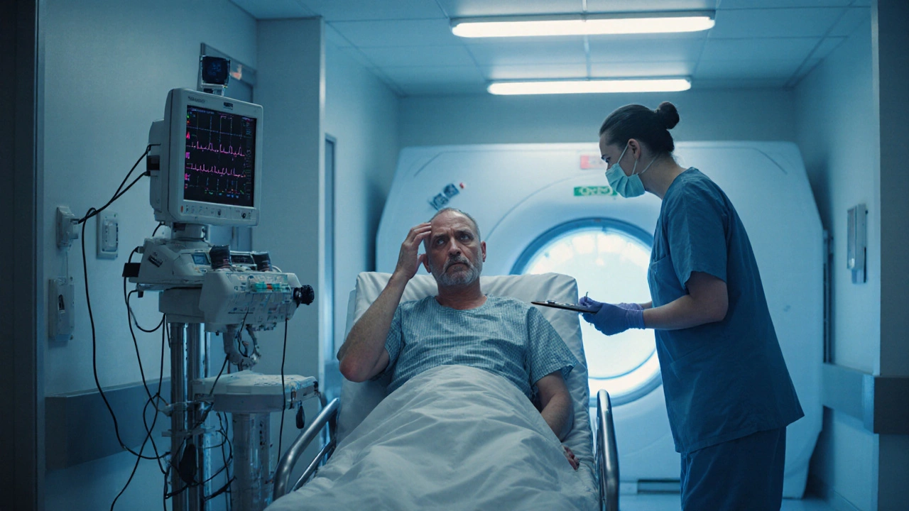 Pacient na vozíku v pohotovosti, lékař ho vyšetřuje, za ním CT stroj.