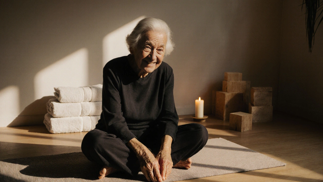 Starší žena poté, co poprvé za roky dotkla nohou země, s klidným a uvolněným výrazem tváře.