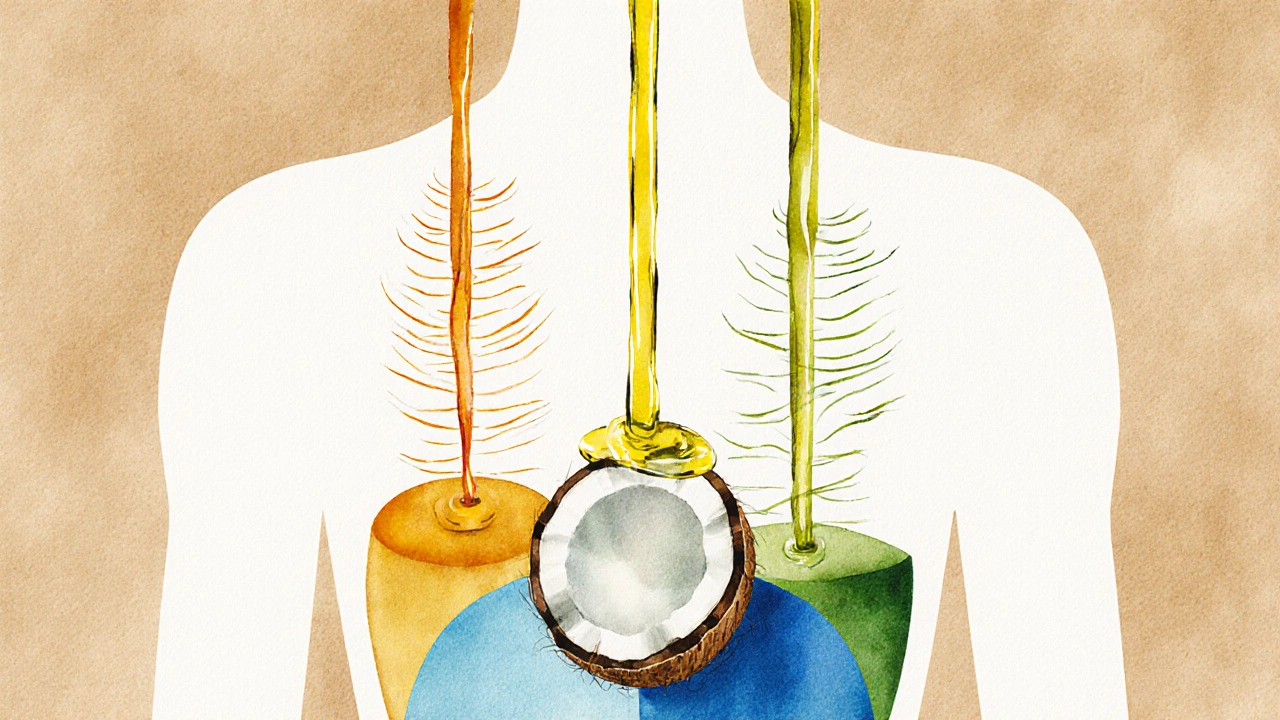 Tři bylinné oleje symbolizují tři doshy – Váta, Pitta a Kapha – na tělesném konturu.