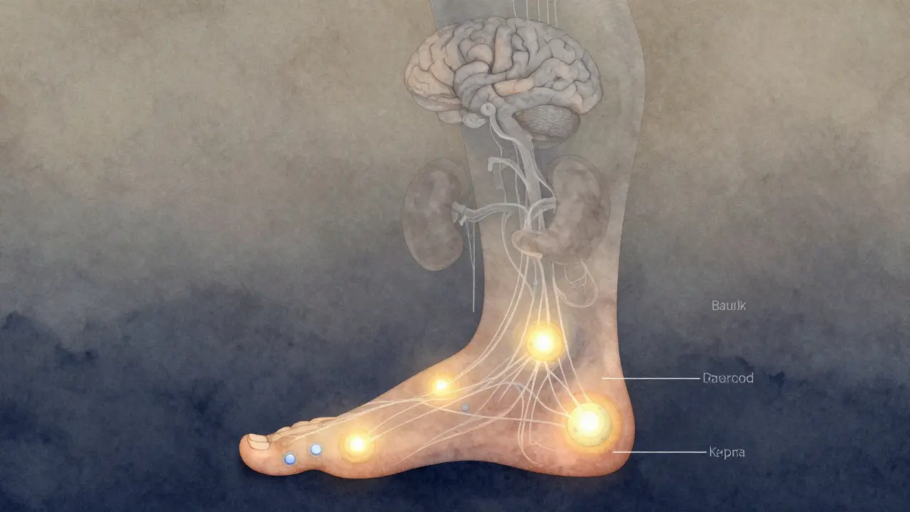 Abstraktní mapa reflexních bodů na noze propojených s orgány.