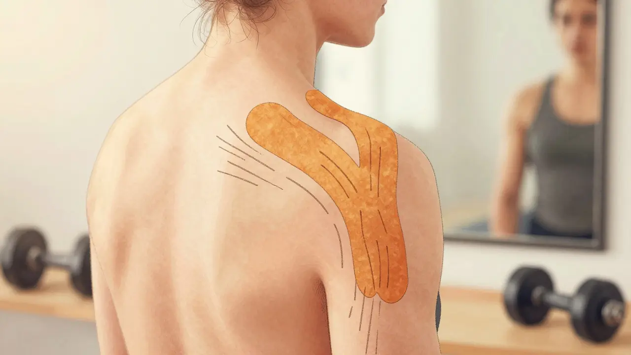 Rameno s tejpem ve tvaru 'Y' podporujícím rotátorovou manžetu.