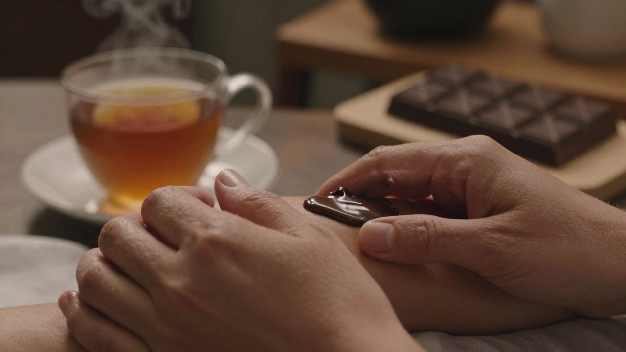 Ruce jemně masírují kůži pokrytou roztavenou čokoládou, která vytváří lesklý povrch.