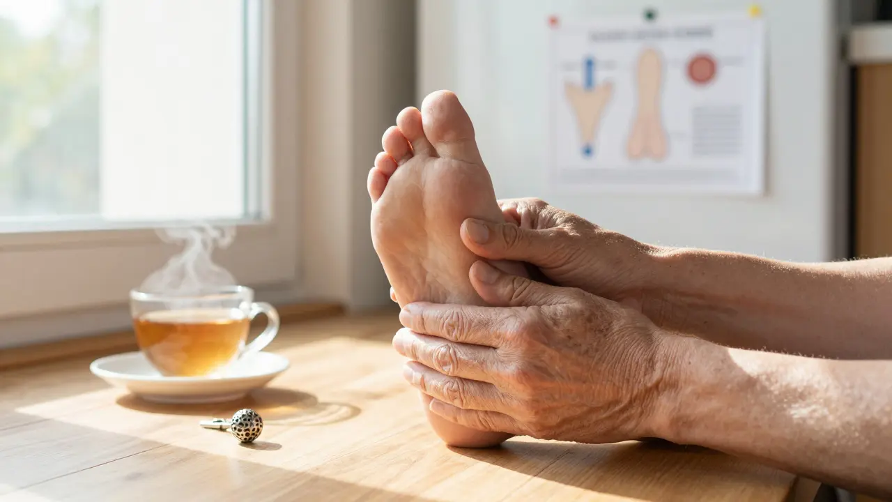 Ruce tlačí na chodidlo malou kuličkou v kuchyni s teplým světlem.