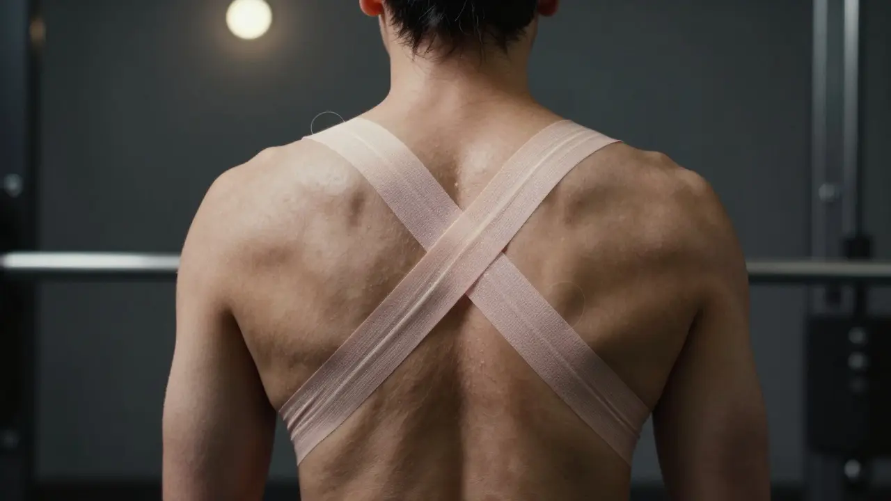 Záda s tejpem ve tvaru 'X' pomáhajícím udržet správné postavení páteře.