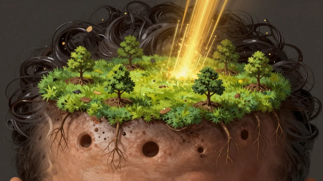 Zdravá pokožka hlavy jako živý kraj s otevřenými pory a krevním oběhem.