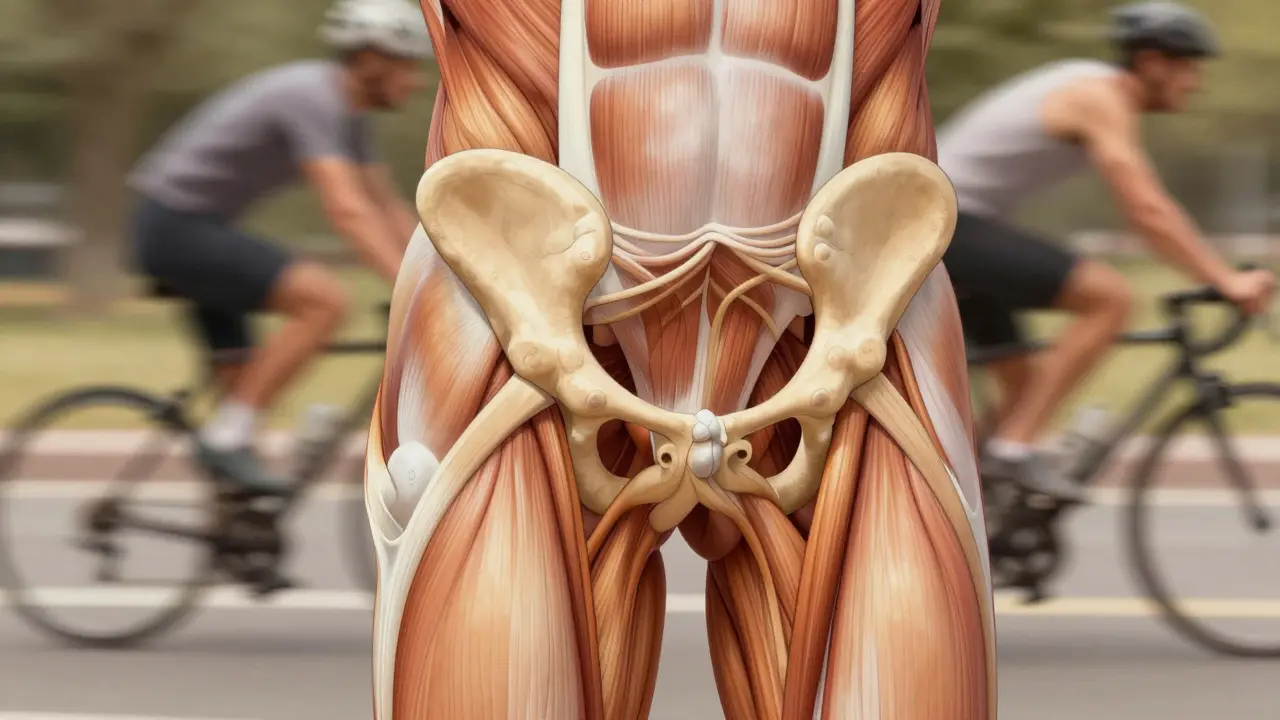 Anatomická ilustrace napnutých svalů kolem kyčle s vyznačenými oblastmi masáže.