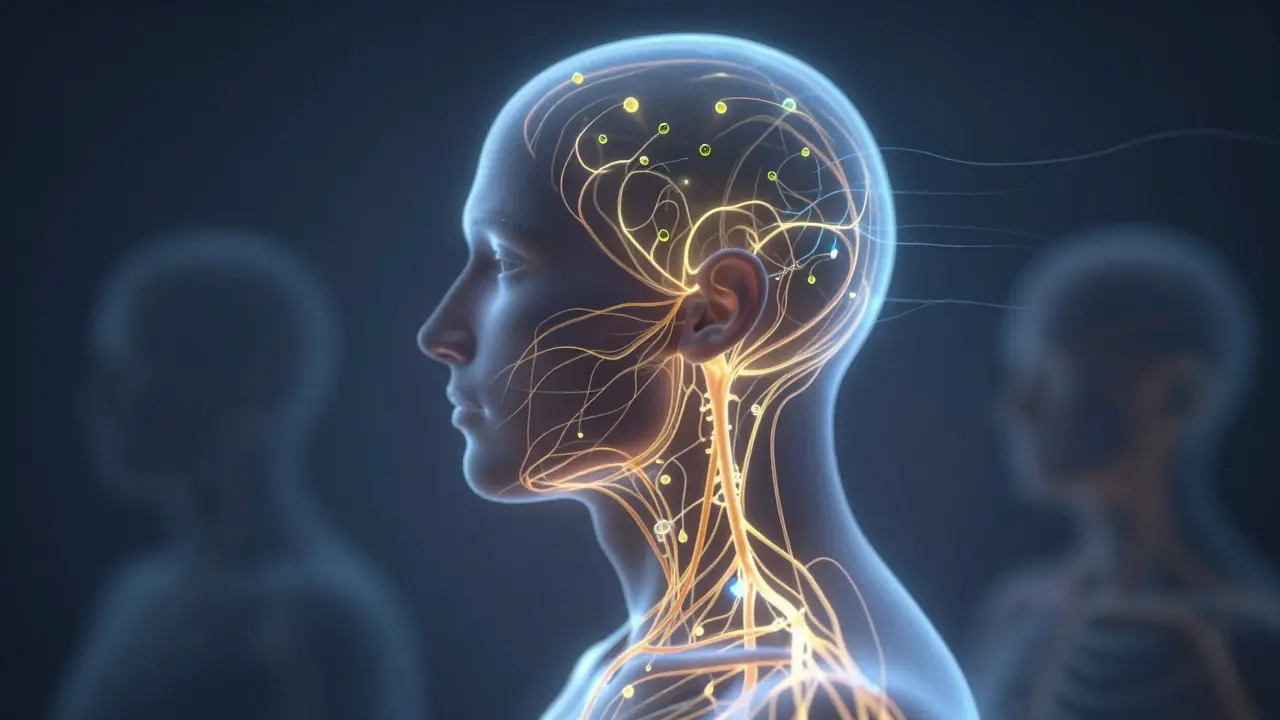 Anatomická ilustrace nervových cest osvětlených energií z oleje na krku a hlavě.