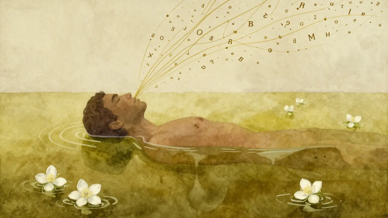 Koncepční obraz člověka v oleji, kde rozptýlené myšlenky se mění v klidný vzor.