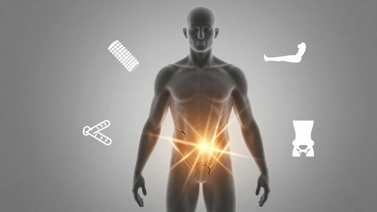 Koncepční obraz kyčle v obnově, sestávající z zlatého světla a symbolů regenerace.