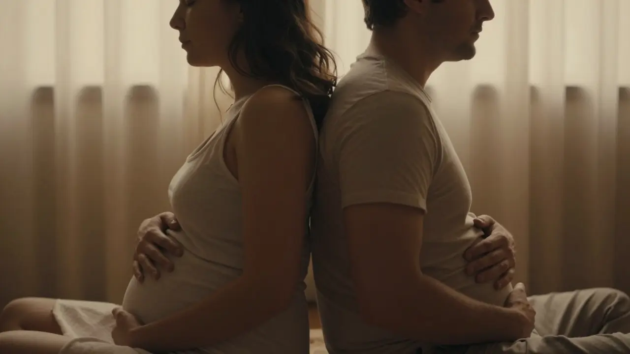 Muž a žena sedí zády k sobě, oči zavřené, ruce na břiše, sdílejí tichou přítomnost bez fyzického kontaktu.
