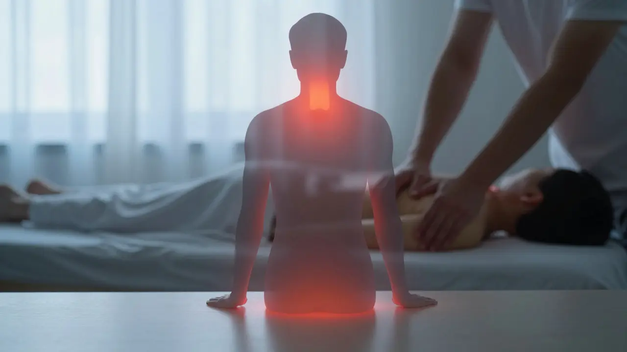 Přesahující silueta pracovníka u počítače s vnitřními zónami napětí, které se uvolňují během masáže.