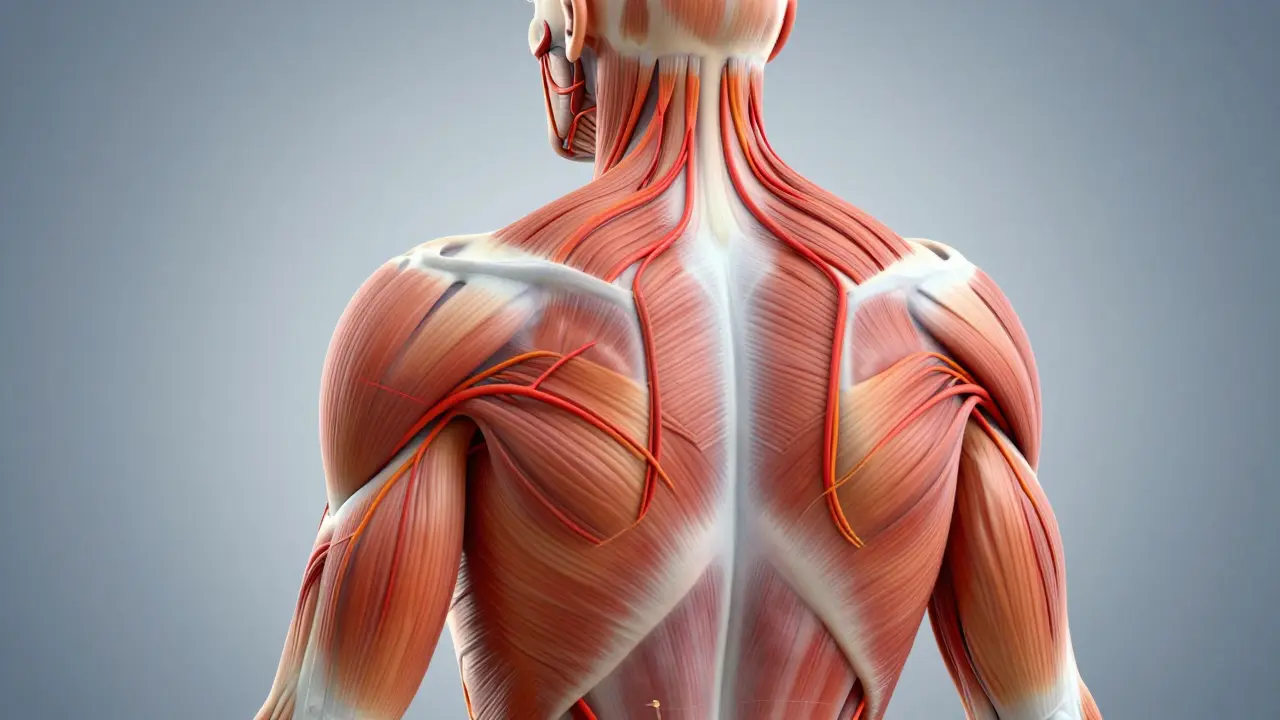 Průřez lidským tělem s viditelnými svalovými uzly a tokem krve, znázorňující léčebný účinek masáže.