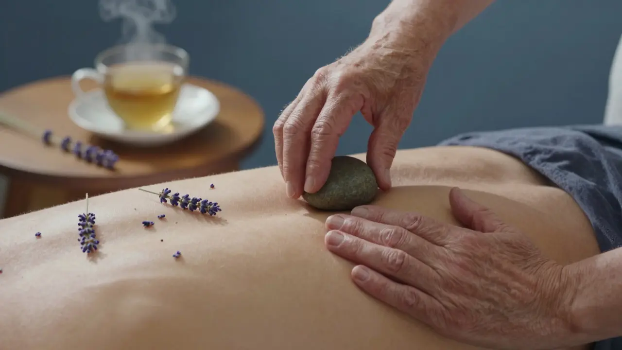 Ruce ukládají teplý kámen na záda, vedle stojí hrnek čaje a lilek, klidné ráno.