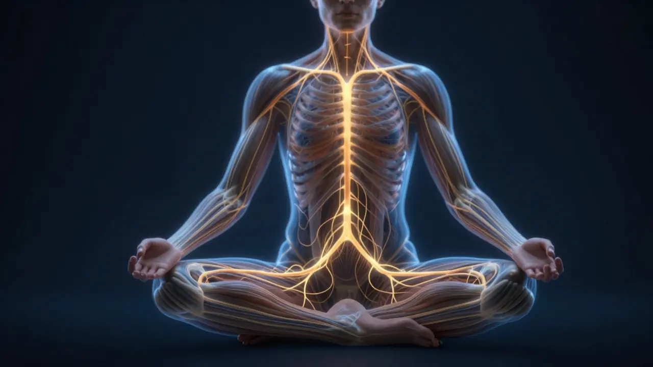 Symbolický obraz těla s vyzařujícími nervy a duševním světlem, spojujícími tělo a emoce.