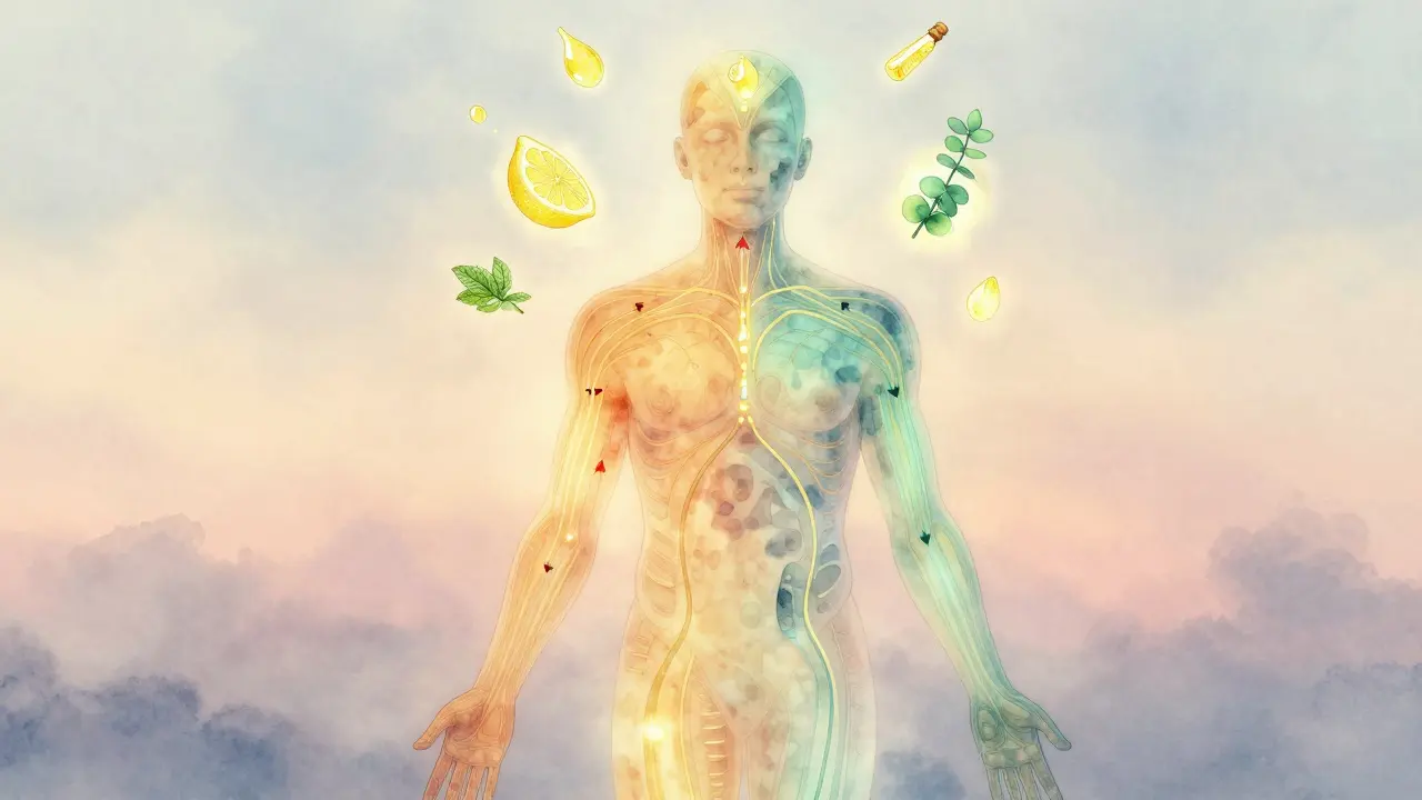 Tělo s viditelnými energetickými toky a kapkami citronu, peppermintu a eukalyptu.