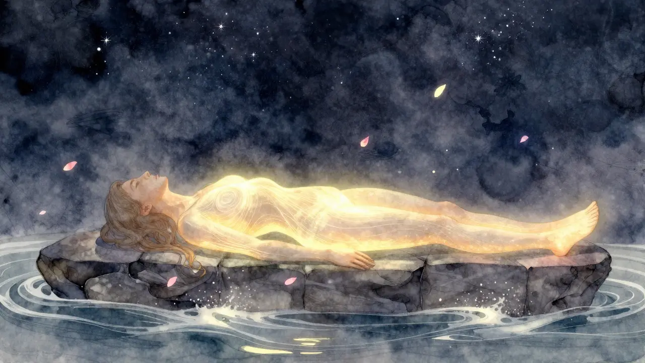 Tělo září zlatou energií, která proudí od srdce k pánvi a nohám, obklopeno květinami a jemným světlem v nočním prostředí.