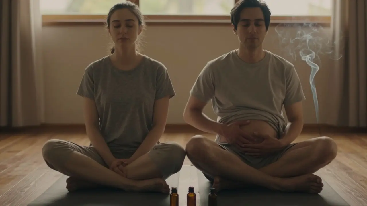 Dva lidé sedí v klidu na podlaze, zavřené oči, dýchají spolu, ruka leží na břiše — bez slov, jen přítomnost a pach.