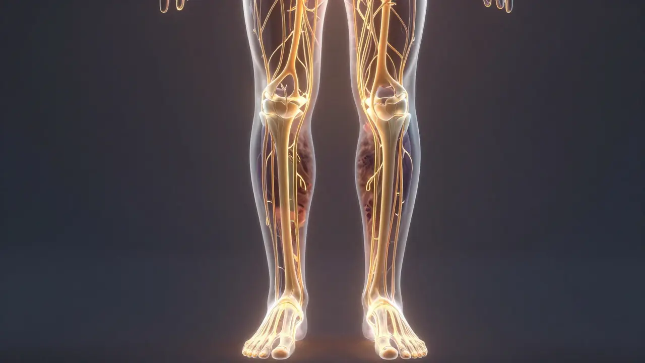 Glowing lymfatický systém s proudem tekutiny směřující z nohou k tělu.