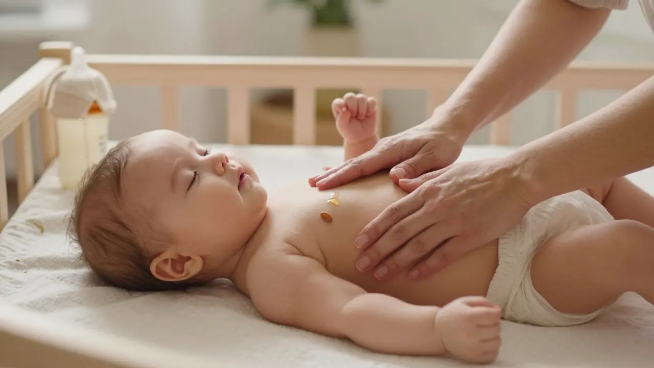 Matka masíruje bříško novorozence na teplé plátně, dítě je klidné, oči zavřené, v teplém, mírně osvětleném pokoji.