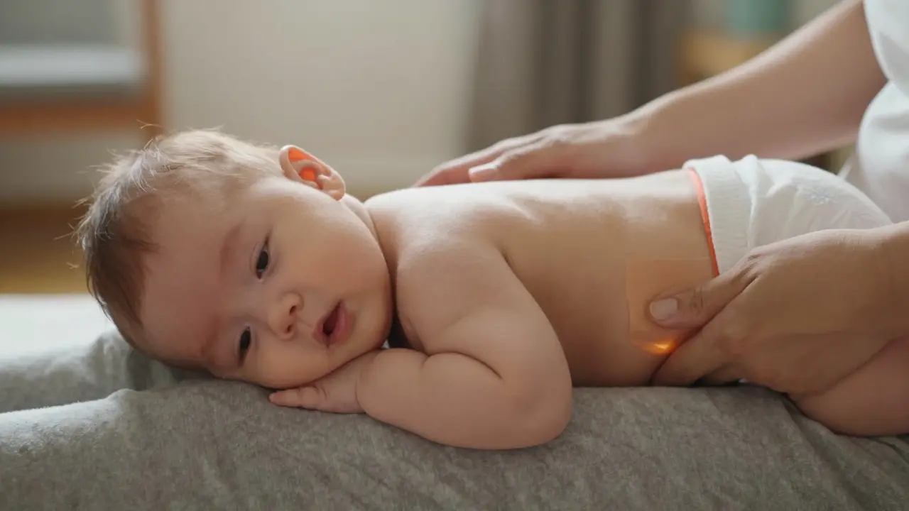 Novorozenec leží na bříšku na kolenou rodiče, který ho jemně rockuje, teplá komprese je viditelná pod jeho tělem.