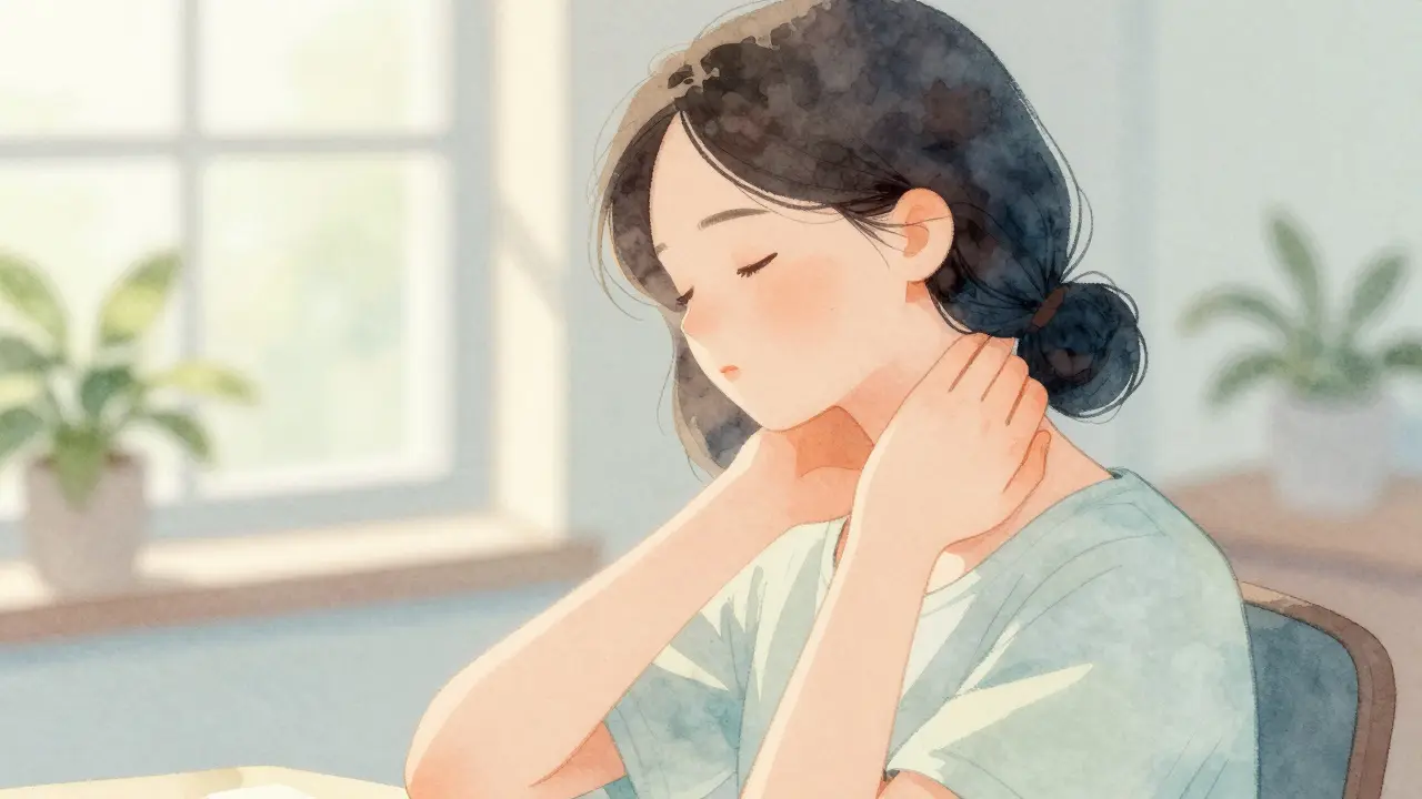 Osoba provádějící jemné naklánění hlavy pro uvolnění krku