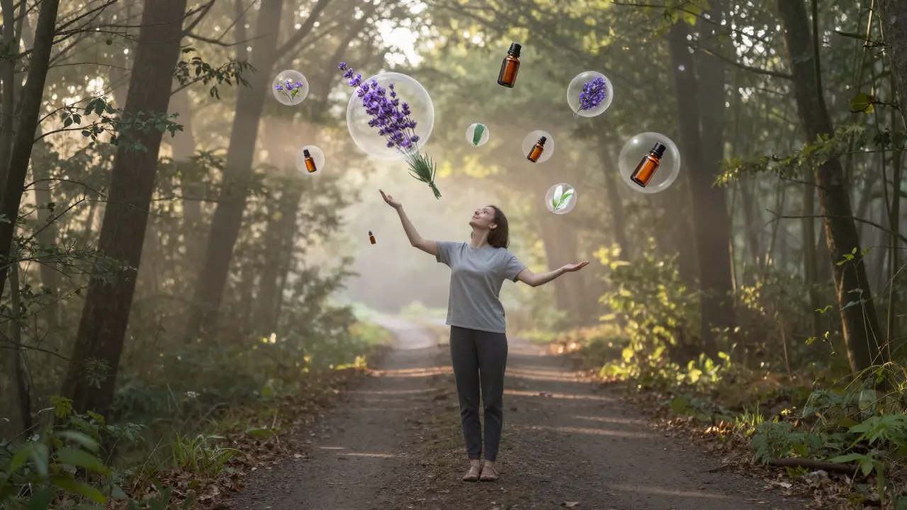 Osoba stojí v lese na ranním světle, kolem ní se vznášejí průhledné koule představující esenciální oleje.