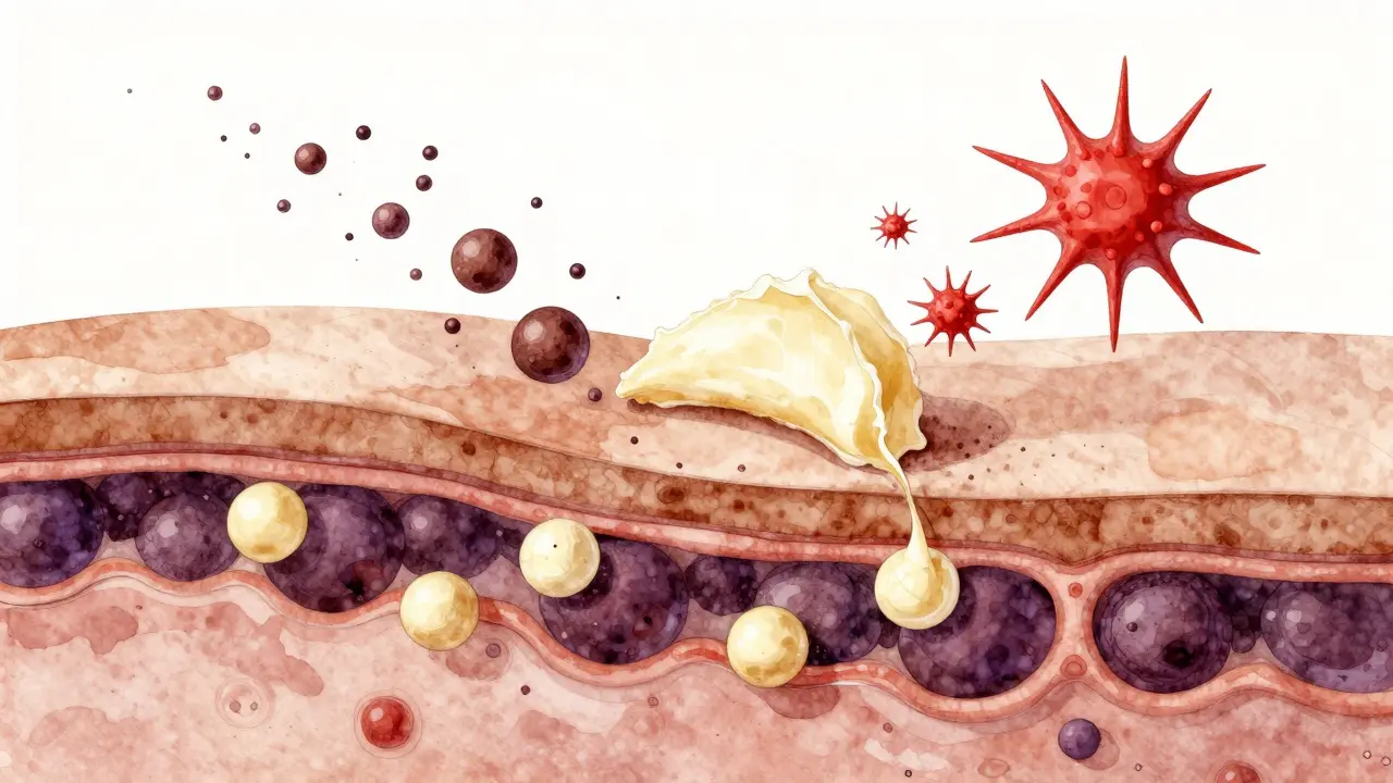 Průřez kůže s antioxidanty neutralizujícími škodlivé radikály.