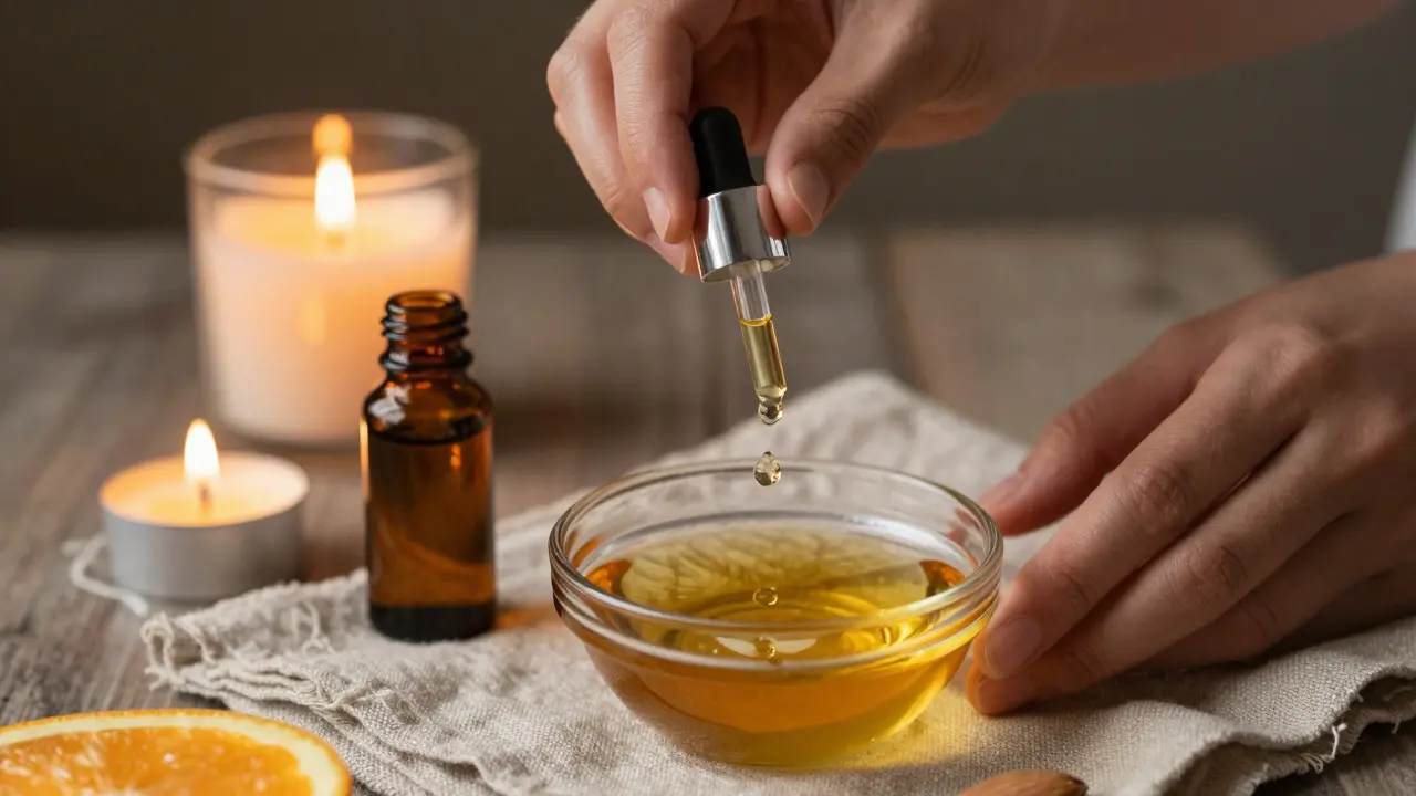 Ruce míchají esenciální oleje s mandlovým olejem v malé skleněné mísečce při světle svíčky, v pozadí tichý, intimitní prostor.