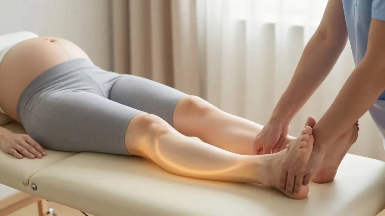 Těhotná žena dostává jemnou lymfodrenáž během klidné seance.