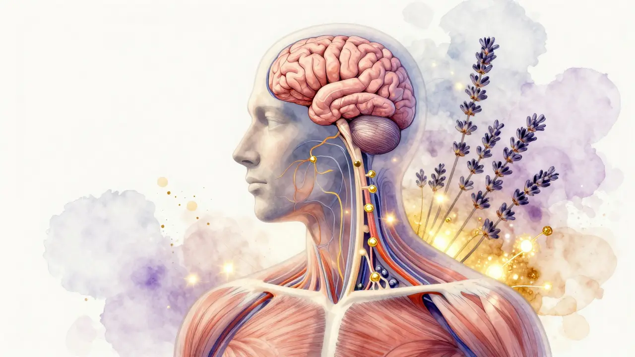 Transparentní lidské tělo s cestami esenciálních olejů vedoucími k limbickému systému mozku.