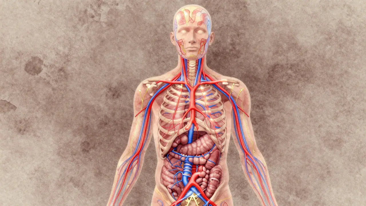 Abstraktní znázornění propojení kůže, krevního oběhu a lymfatického systému jako celku.