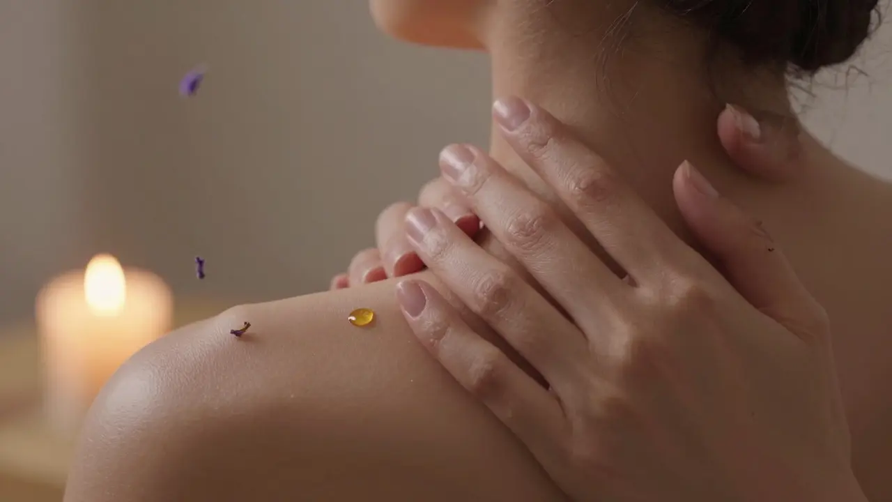 Jemné ruce maséře se pohybují po ramenou a krku pod teplým světlem svíčky.