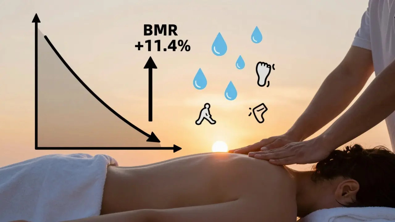 Osoba po masáži s grafem klesajícího kortizolu a rostoucího metabolismu, symboly vody, spánku a pohybu.