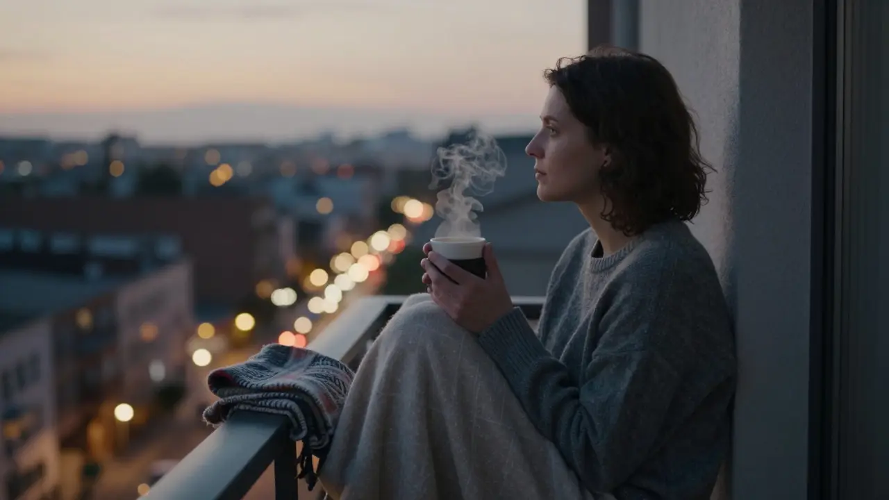 Osoba sedí na balkoně ve večerním světle, drží kávu a dívá se do vzdálenosti s klidným výrazem.
