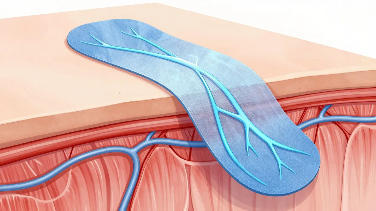 Přehled anatomie kůže a svalu pod kinesiologickým tejpem s vylepšeným odtokem lymfy.