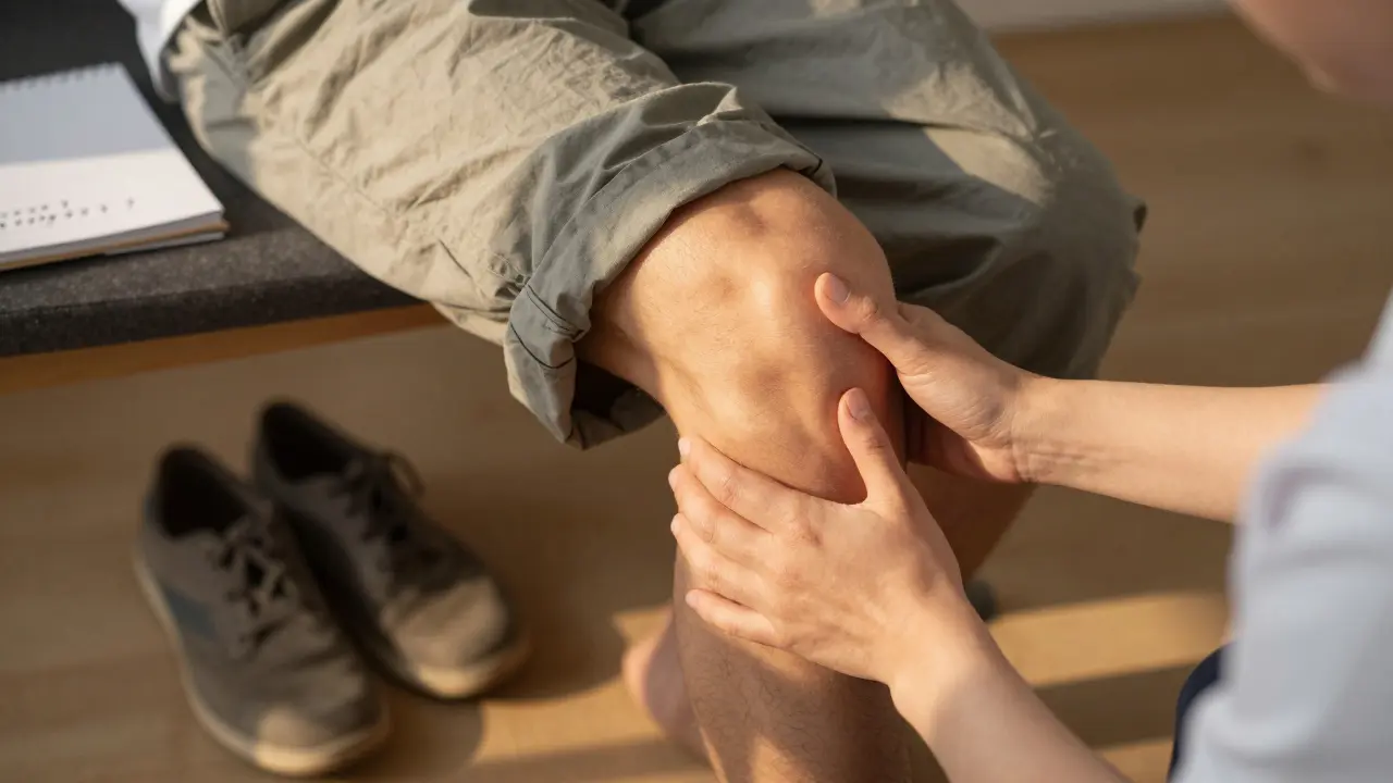 Ruce terapeuta a pacienta společně provádějí jemný pohyb nohy, vedle leží obuv a poznámky.