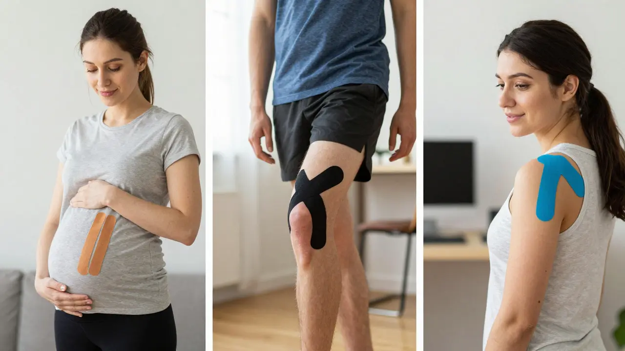 Různí lidé používají tejp v běžných situacích: těhotná žena, běžec a pracovník.